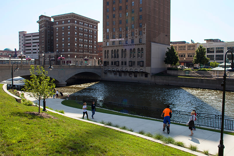 View of the Fox River and trails in Downtown Aurora, IL