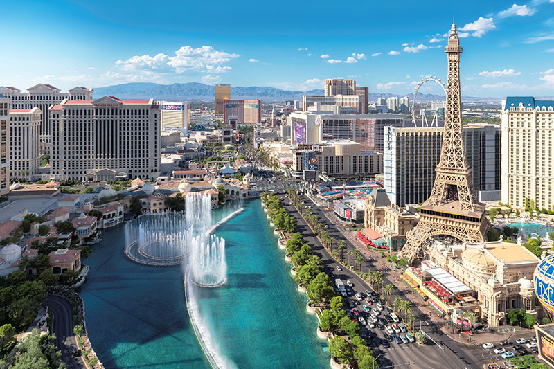 Aerial over Las Vegas Strip on a sunny day.