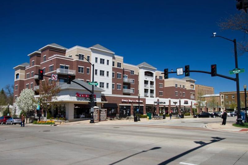 View of a business corridor in Downtown Downers Grove, IL