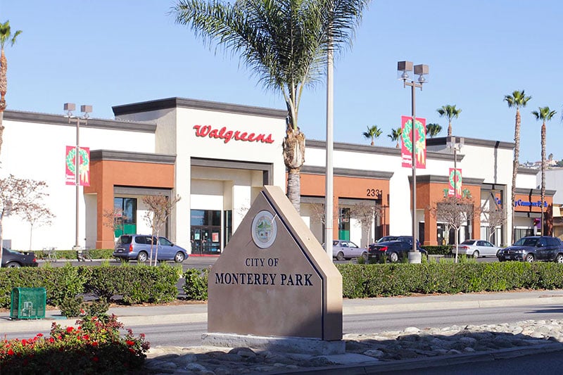 Stores lining a street the Monterey Park neighborhood of Los Angeles, California