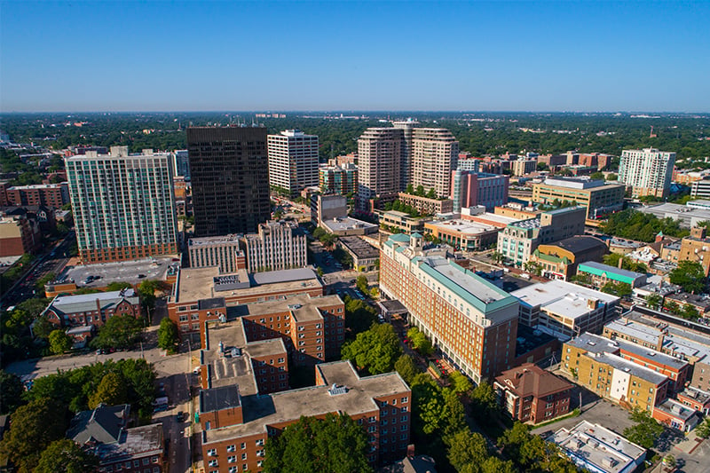 Aerial view of Evanston, IL
