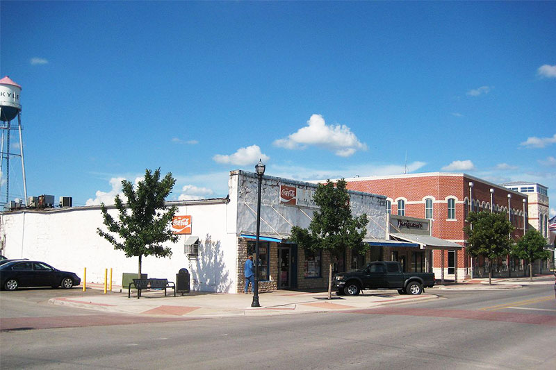 Buildings along a street in the downtown area of Kyle, Texas