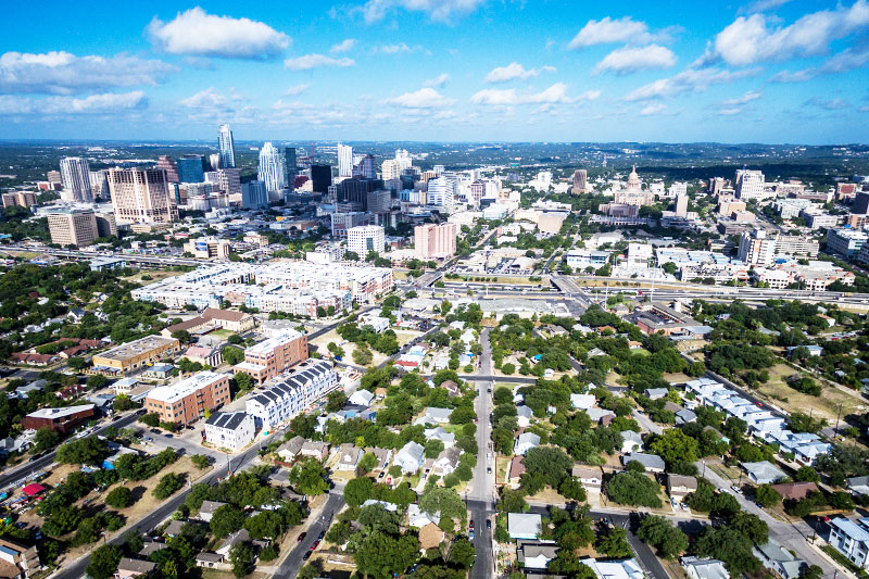 Aerial view of East Austin on a sunny day