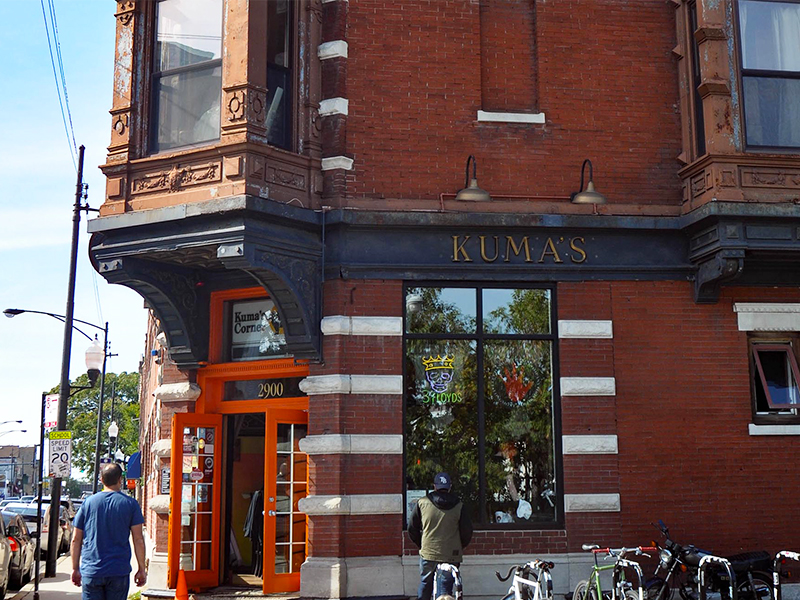 Brick exterior of restaurant, Kuma's Corner, in Chicago's Avondale neighborhod.