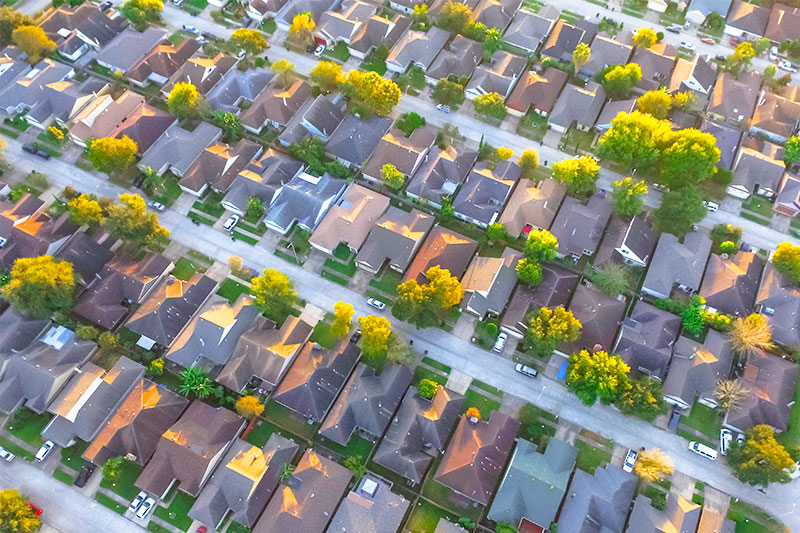 Aerial view of single-family homes in Houston, Texas