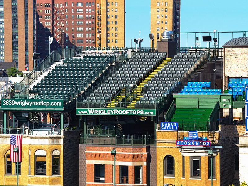 Rooftop seats located across N. Sheffield Avenue outside of Wrigley Field Stadium in Chicago, Illinois