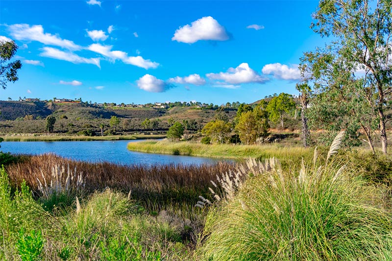 Lake Miramar surrounded by large hills and prairie grass in San Diego