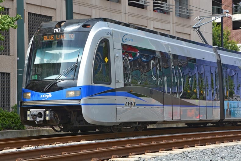 A train on the LYNX Blue Line of The Charlotte Area Transit System