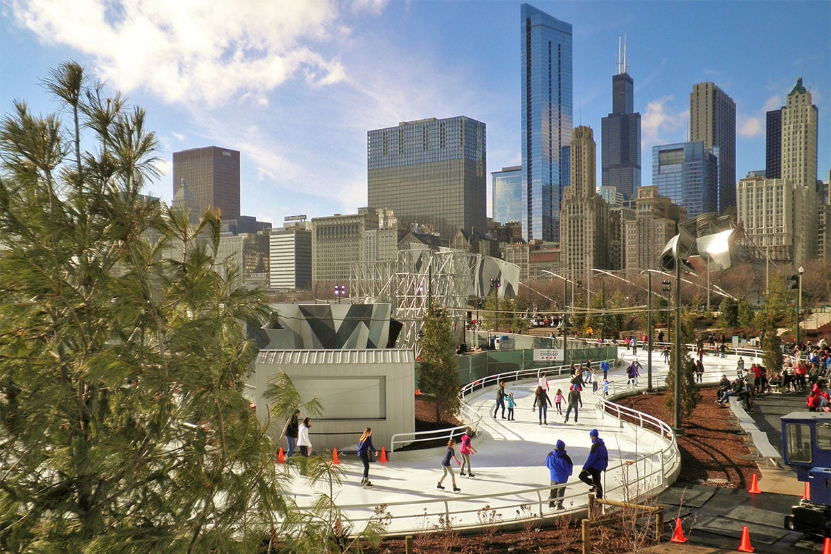 Maggie Daley Park Skating Ribbon With Chicago in the background