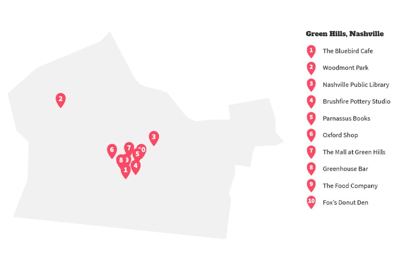 Map detailing locations of Green Hills bucket list