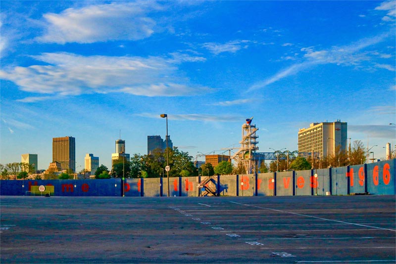 View of Atlanta skyline in residential neighborhood.