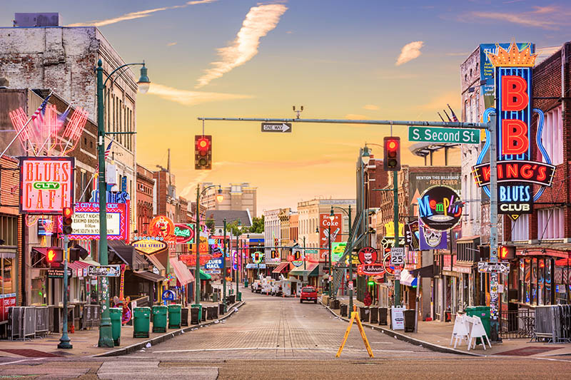 Blues clubs lining Beale Street in downtown Memphis. 