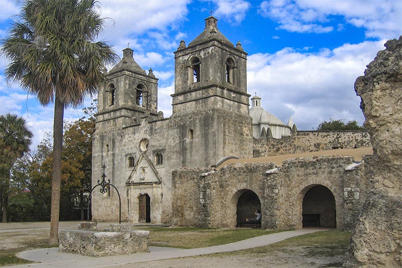 A hiking trail runs through a historical Mission in San Antonio