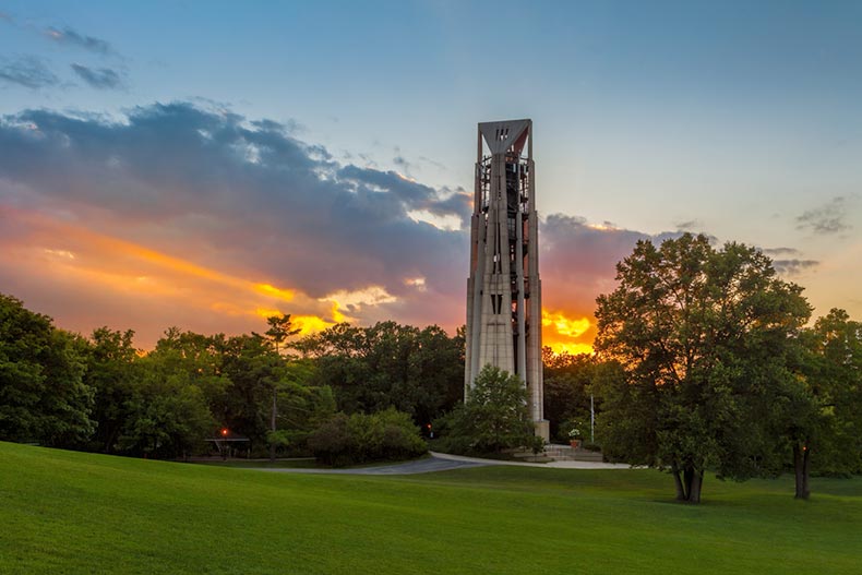 A sunset behind the Carillon bell tower in Naperville, Illinois
