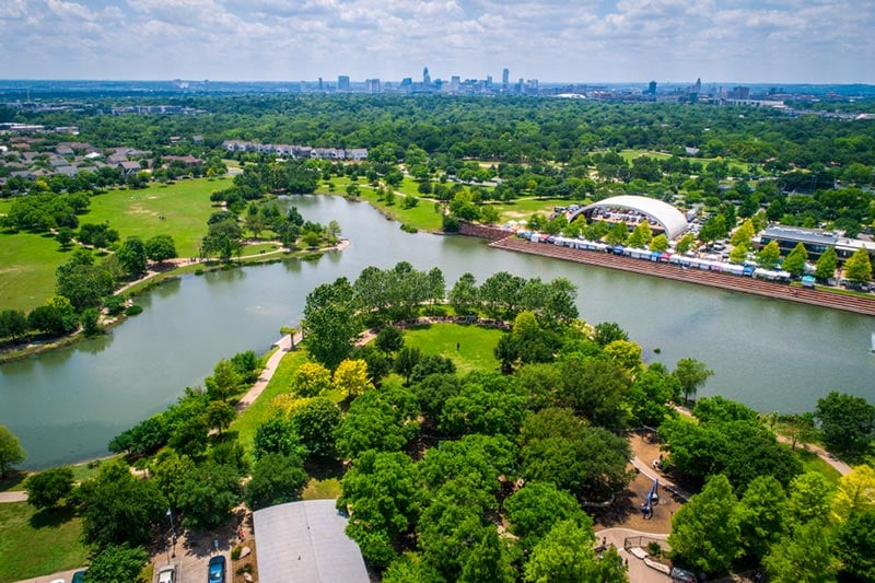 Aerial view of Mueller Pond in Austin, Texas
