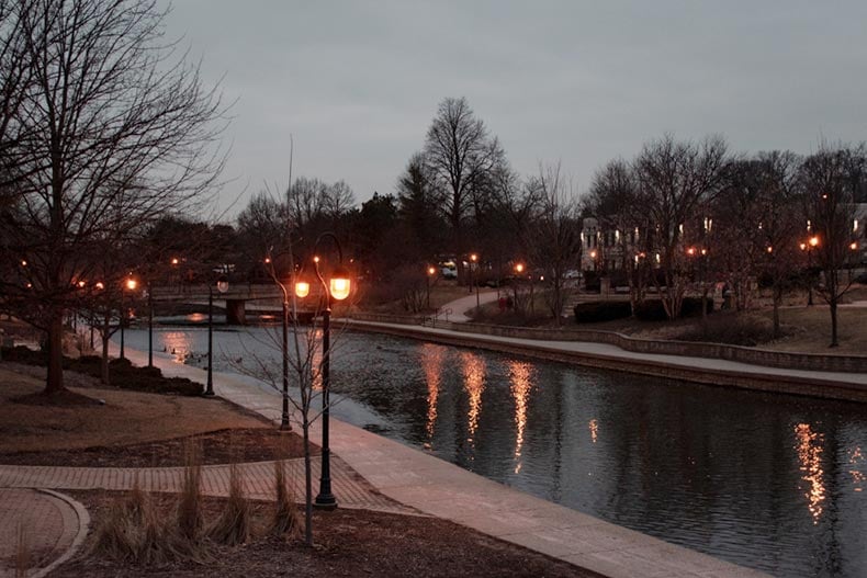 The Naperville Riverwalk at night