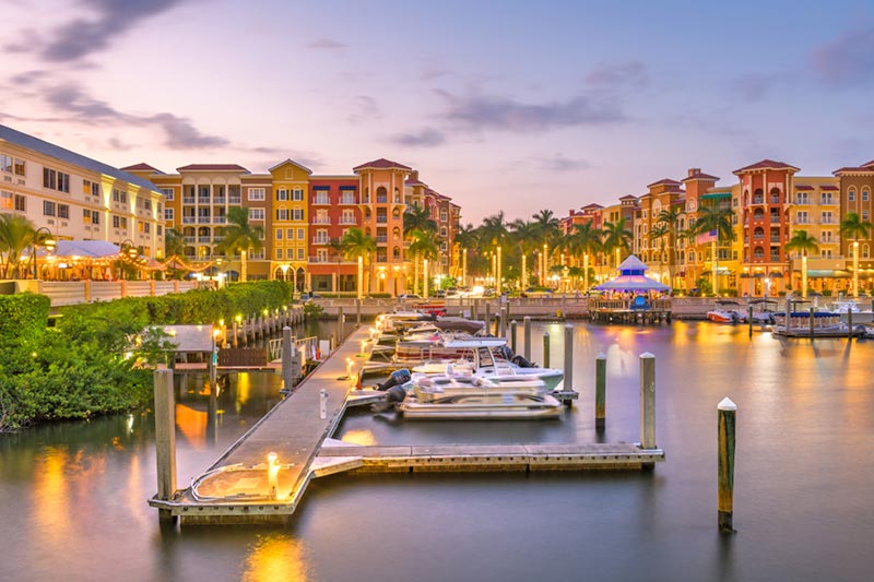 Palm trees and downtown buildings at dusk in Naples, Florida