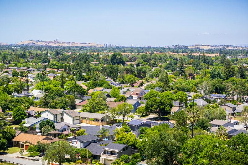 An aerial view of suburban neighborhoods in San Jose, California