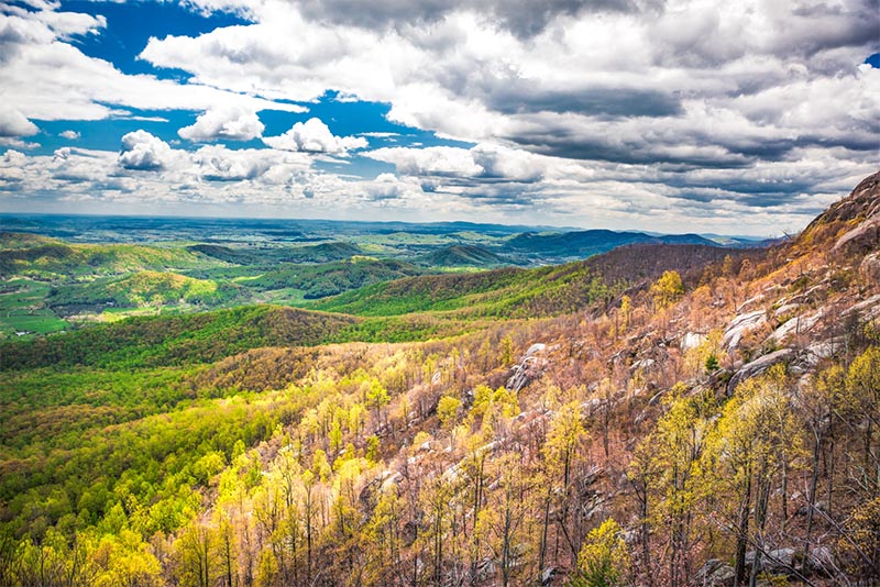 A view down into the valley from the peak of Old Rag Mountain in Virginia