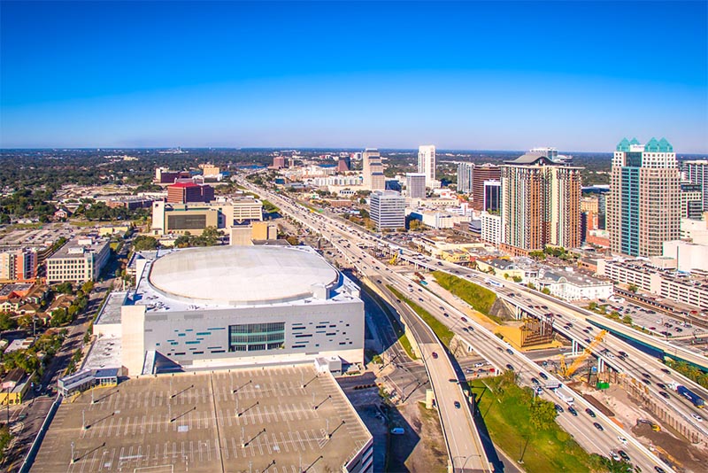 A drone flyover of Orlando centered on the Amway Center, home of the Orlando Magic