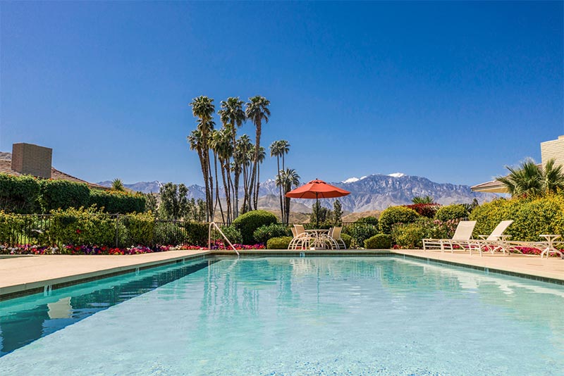 A resort pool surrounded by a patio and palm trees in Palm Springs