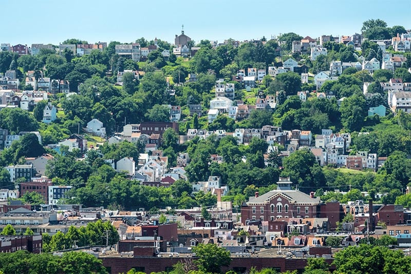 Pittsburgh's South Side Slopes, with homes and buildings rising up into the hills