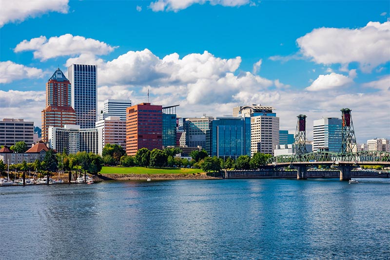 The skyline of Portland Oregon as seen from the Columbia River