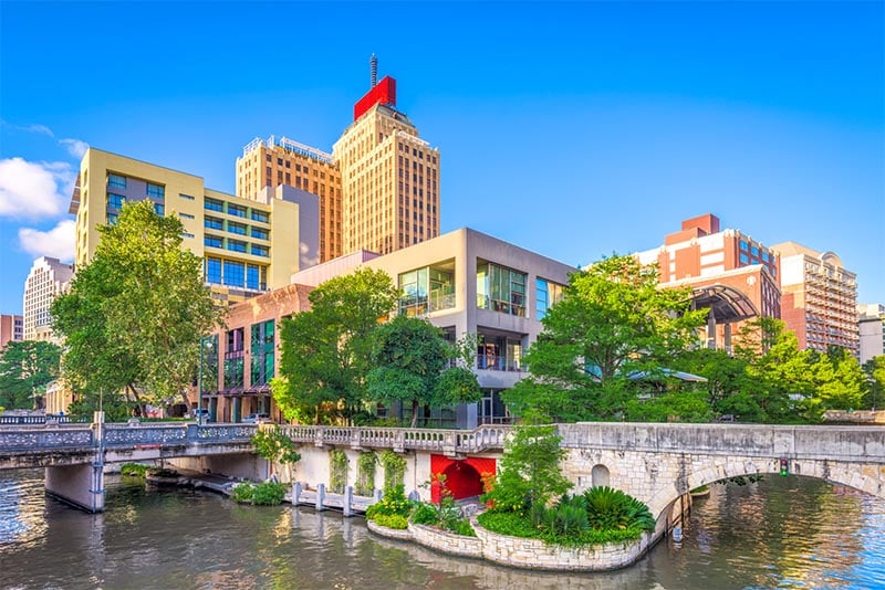 The skyline of San Antonio as seen from its famous river walk below