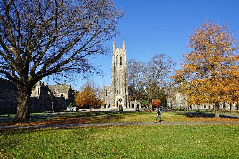 Exterior of Duke University building and lawn