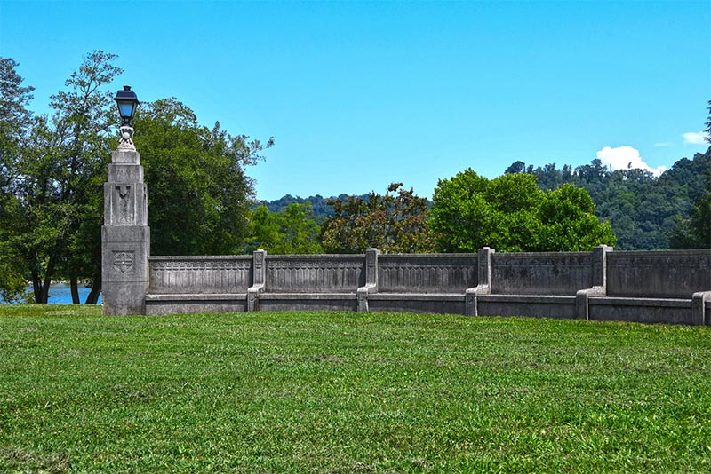 Sequoyah Park in Knoxville with its greenway against the river as well as large stone walls and columns