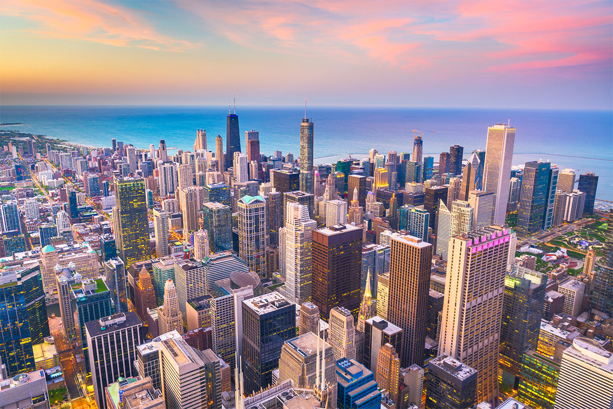 Arial view of chicago and lake Michigan at sunset 