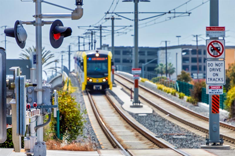 A train heads into the Santa Monica station outside of Los Angeles