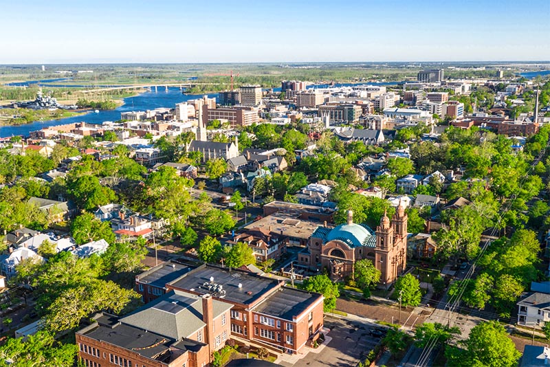 An aerial view of Wilmington North Carolina and the Cape Fear River