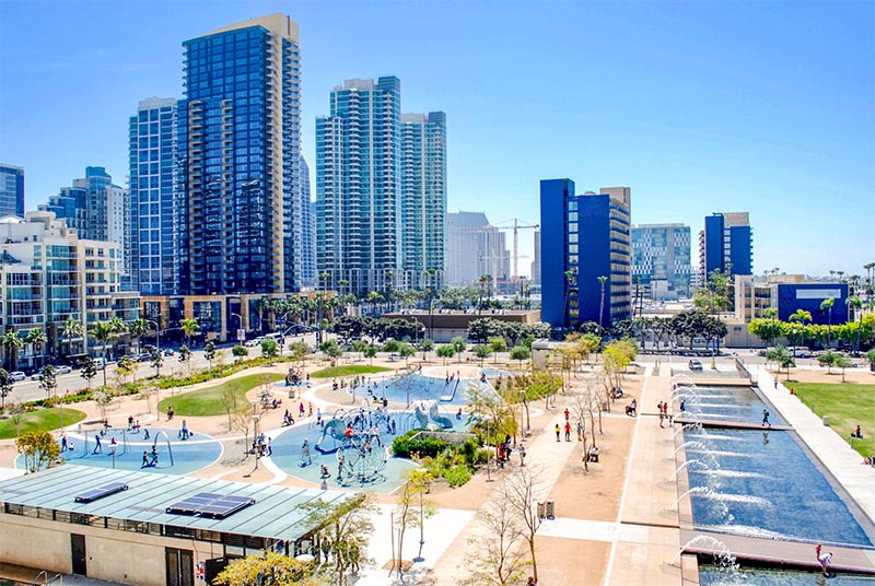 A water park set in the Downtown area of San Diego California surrounded by tall buildings