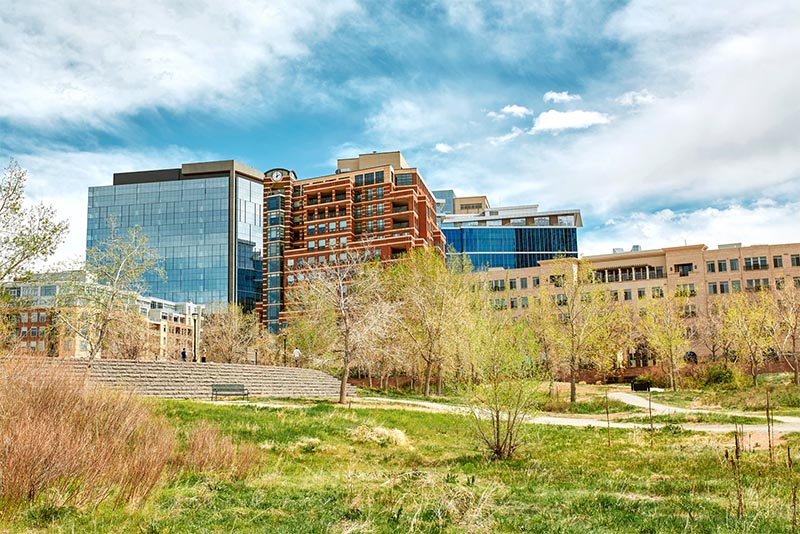 A view of buildings from Commons Park in LoDo Denver Colorado