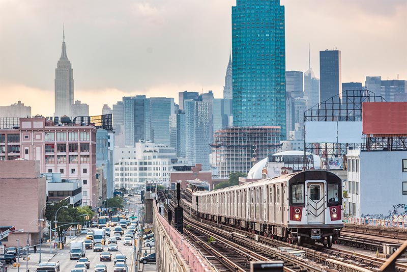 An MTA train heading away from Manhattan in New York City