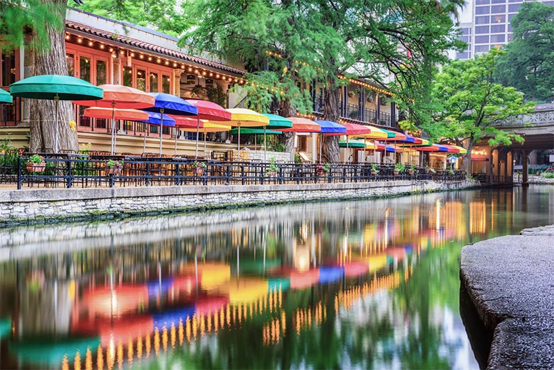 A row of umbrellas on the San Antonio Riverwalk