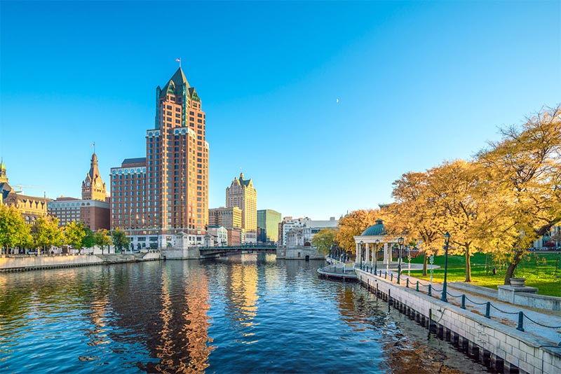 Milwaukee high rises as seen from the riverfront and riverwalk