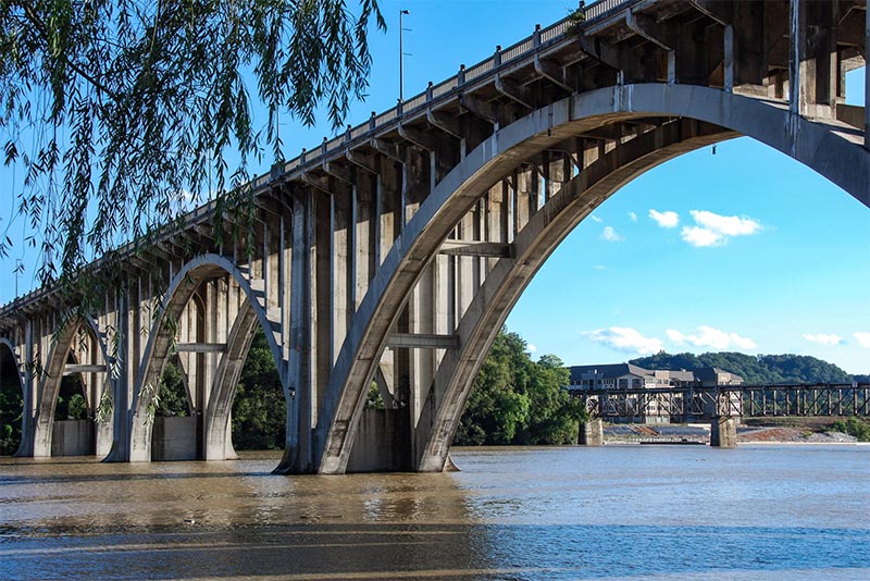 The Henley Street Bridge stretching over the Knoxville skyline