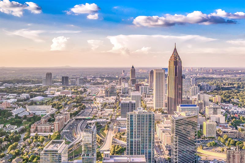 An aerial view of Downtown Atlanta at sunset