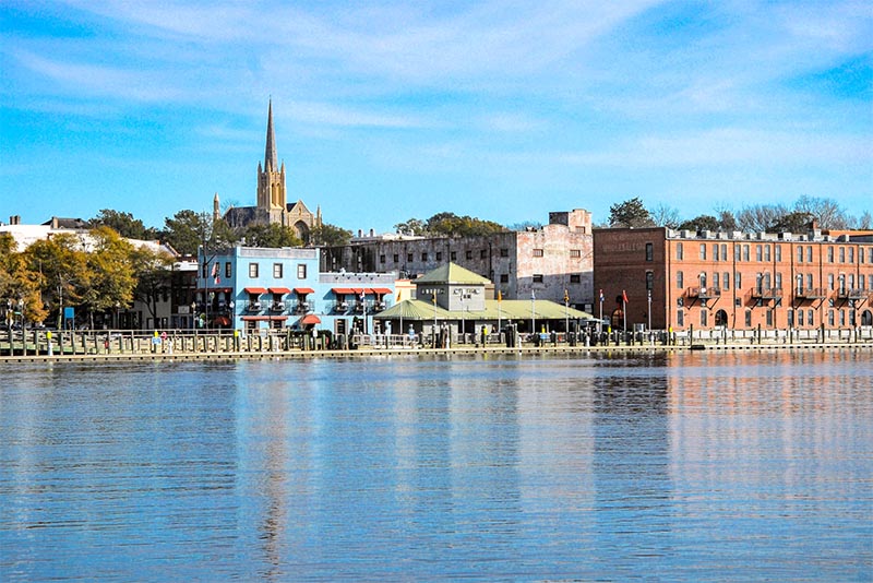 Buildings along the shoreline of Cape Fear in Wilmington, North Carolina