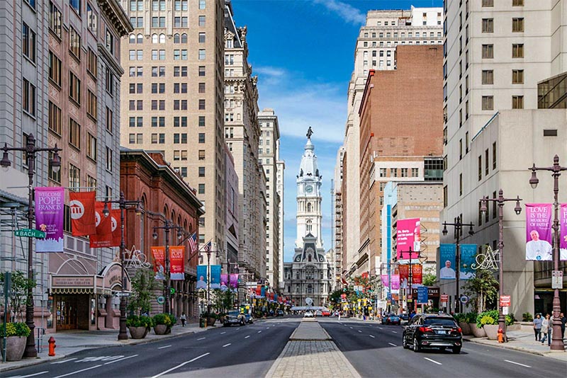 Scenic South Broad Philadelphia showing many historic buildings