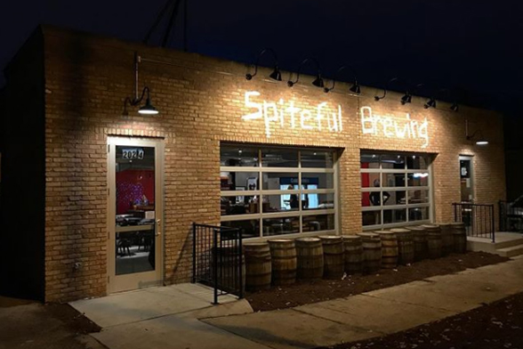 Outside of Spiteful Brewing at night.