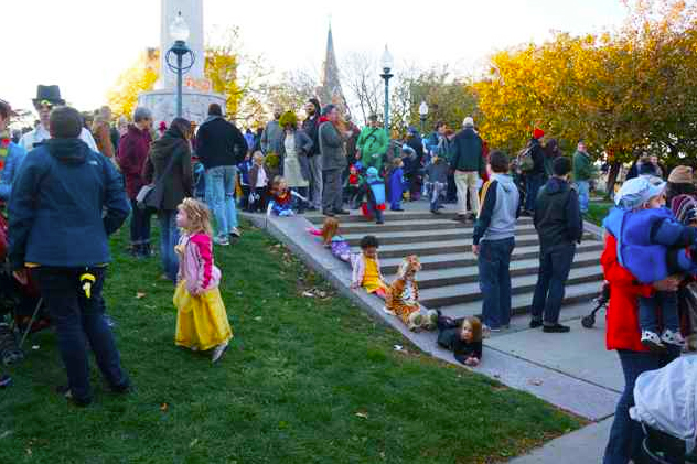 Chicago locals dressed up for Halloween at Illinois Centennial Monument in Logan Square.