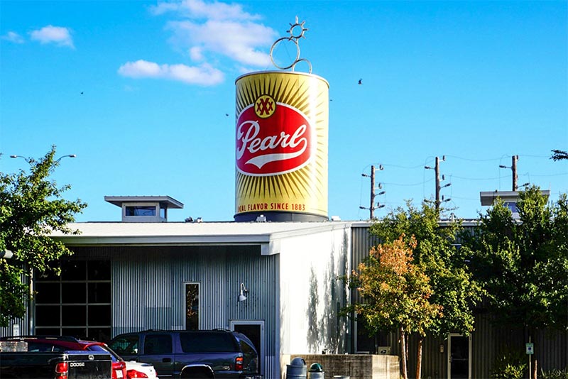 A sign shaped like a can for the Pearl Brewery in Tobin Hill San Antonio