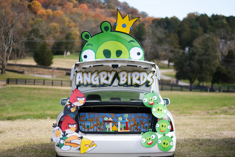 Inside of a trunk decorated for Halloween with the theme of Angry Birds, for Trunk or Treat..