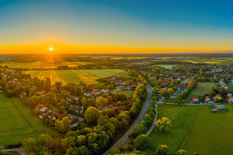 Aerial view of a small town in the United States at sunset