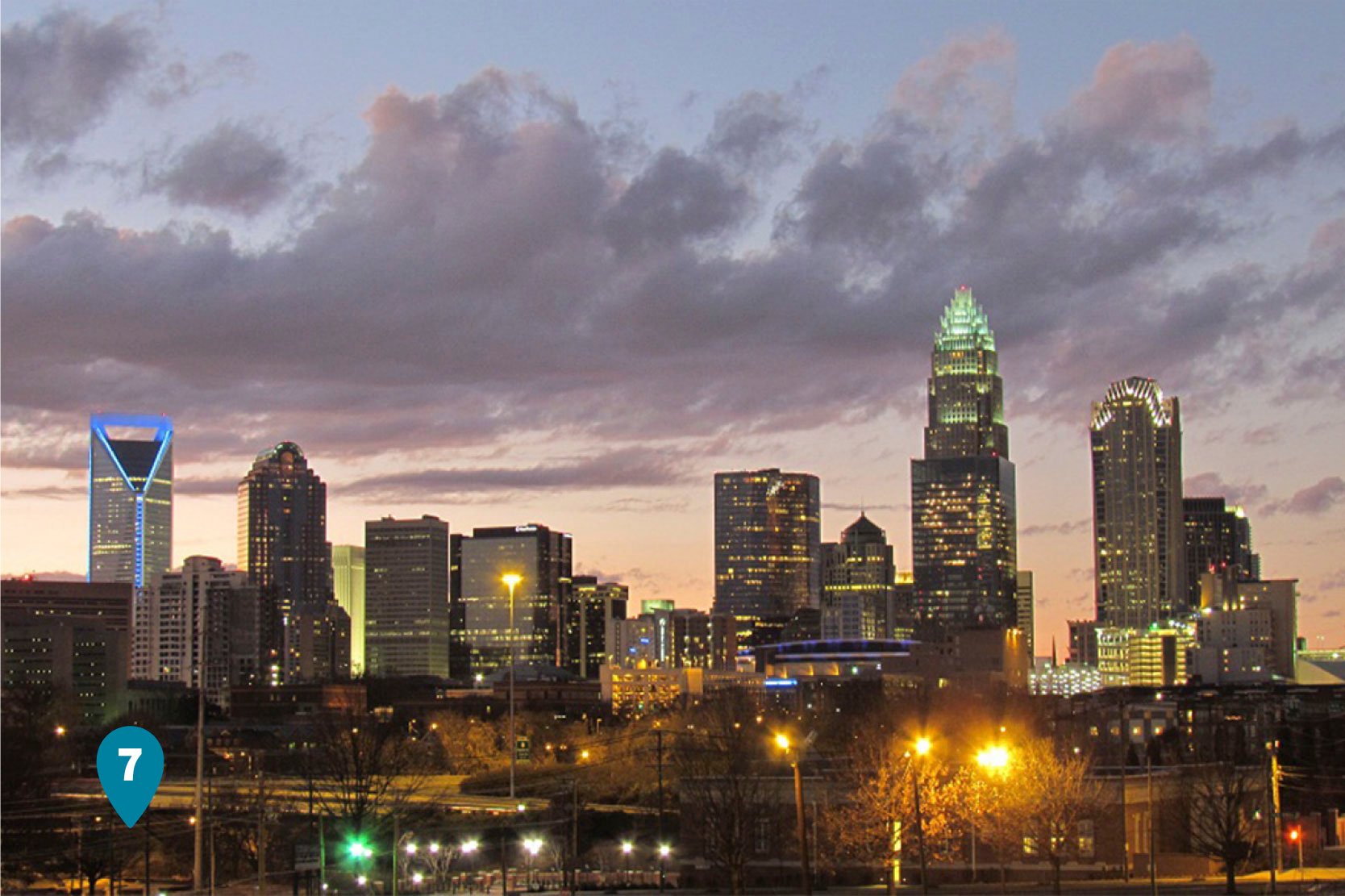 Twilight view of the Charlotte skyline