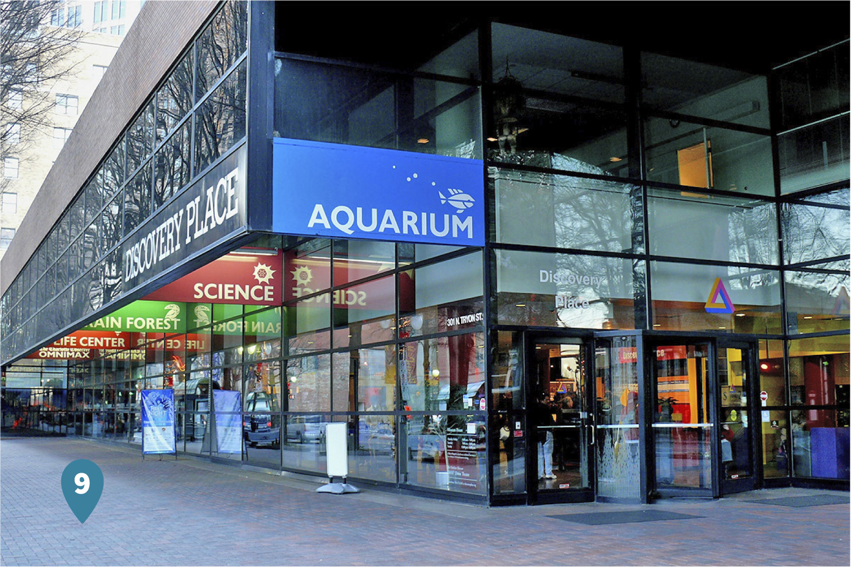 The entrance to Discovery Place Science Museum in Charlotte, North Carolina