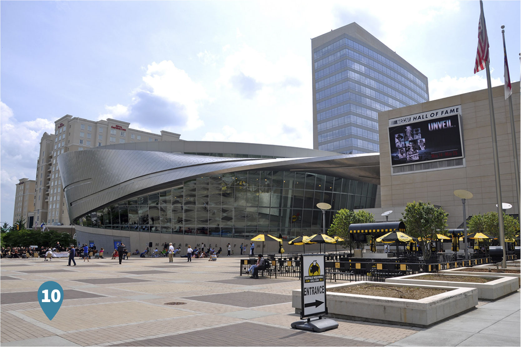 Exterior view of the NASCAR Hall of Fame in Charlotte, North Carolina